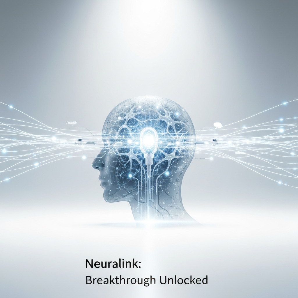 A futuristic digital art image depicting a glowing brain-computer interface (BCI) implant integrated into a stylized human head silhouette, surrounded by flowing neural data streams, representing Neuralink's FDA Breakthrough Designations for vision and speech restoration. The headline "Neuralink: Breakthrough Unlocked" is overlaid.