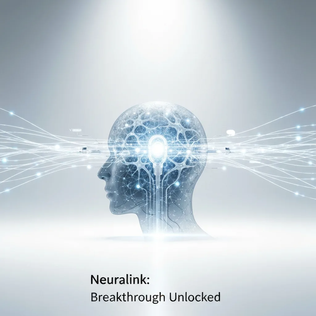 A futuristic digital art image depicting a glowing brain-computer interface (BCI) implant integrated into a stylized human head silhouette, surrounded by flowing neural data streams, representing Neuralink's FDA Breakthrough Designations for vision and speech restoration. The headline "Neuralink: Breakthrough Unlocked" is overlaid.