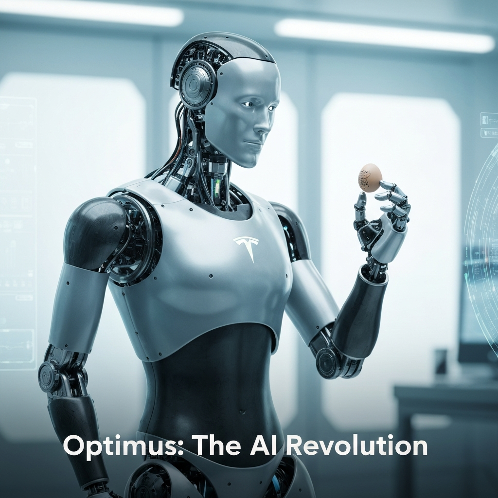 A photorealistic image of the Tesla Optimus humanoid robot, Gen 2, gently holding a delicate object, set in a modern, high-tech lab. The image illustrates the advanced AI, capabilities, and future of the Tesla Optimus Bot, as a complete guide.