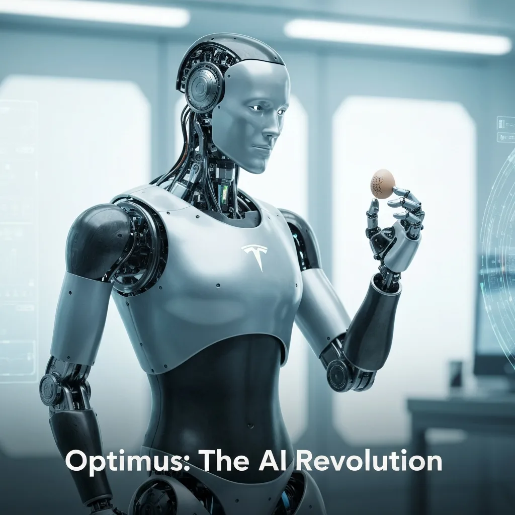 A photorealistic image of the Tesla Optimus humanoid robot, Gen 2, gently holding a delicate object, set in a modern, high-tech lab. The image illustrates the advanced AI, capabilities, and future of the Tesla Optimus Bot, as a complete guide.